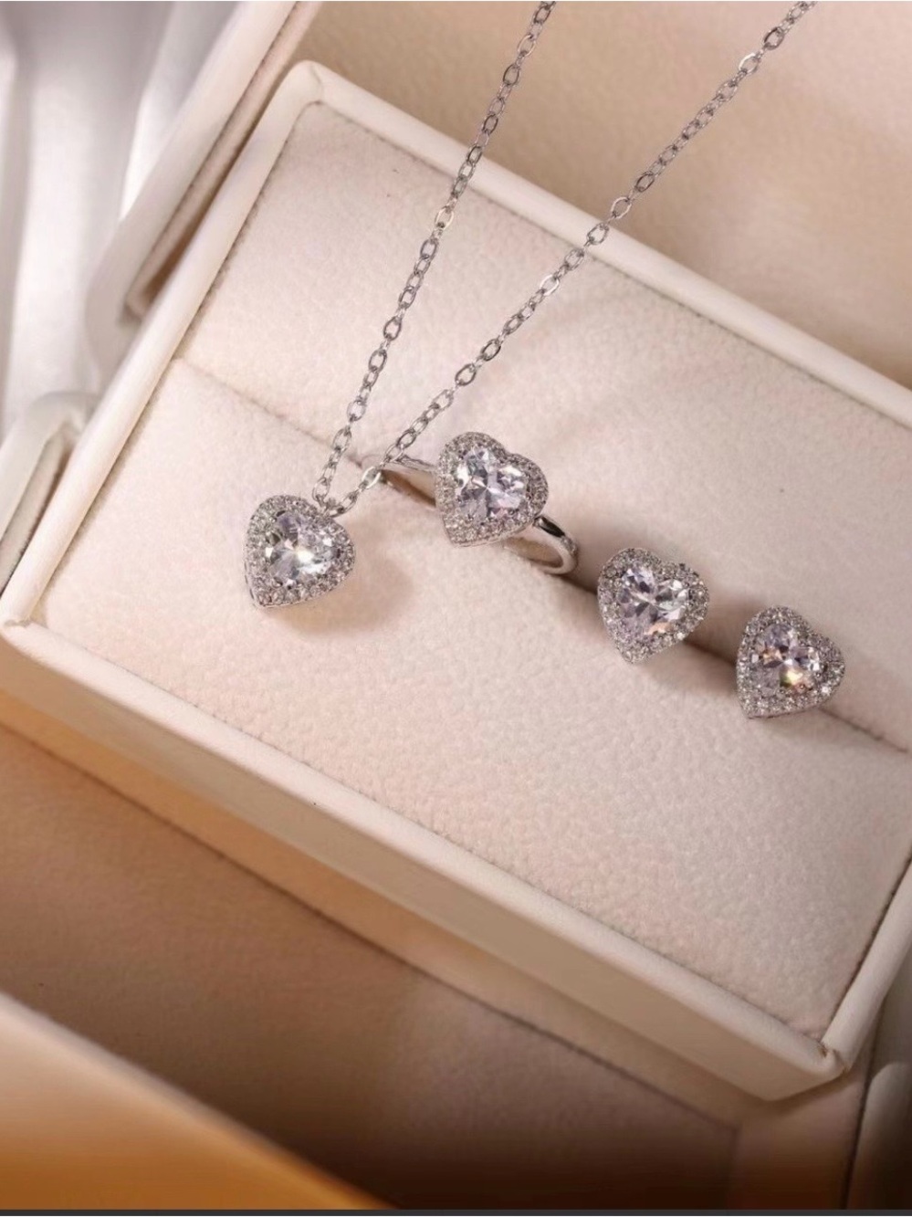 Silver Heart Halo CZ Necklace and Earrings Set - NWOT